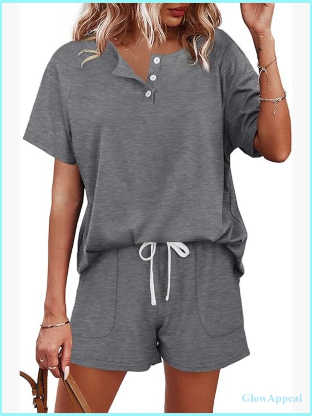 Two Piece Lounge Set With Button Down Top And Drawstring Shorts Pockets